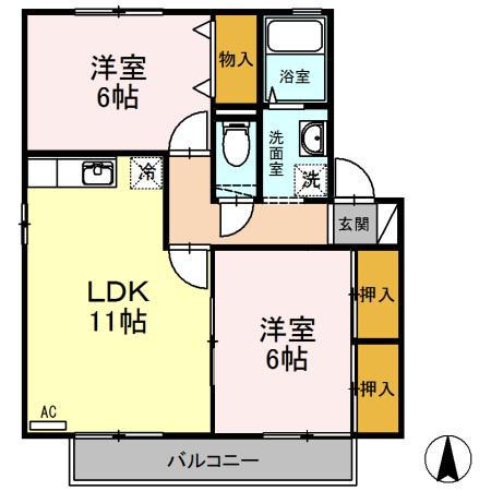 ボヌール下郡(2LDK/2階)の間取り写真