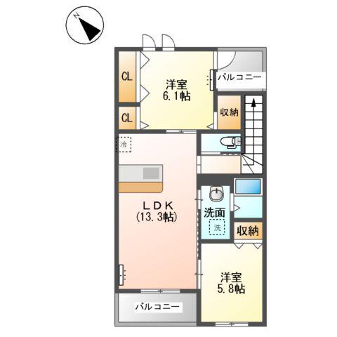 ラ・テール御座(2LDK/2階)の間取り写真