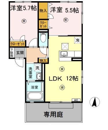 ボヌール羽屋 K棟(2LDK/1階)の間取り写真