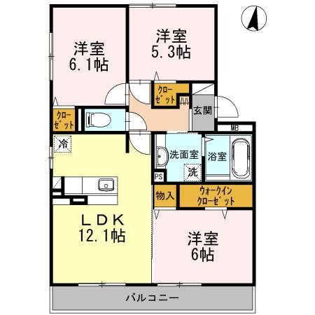 アビターレ古ヶ鶴(3LDK/3階)の間取り写真