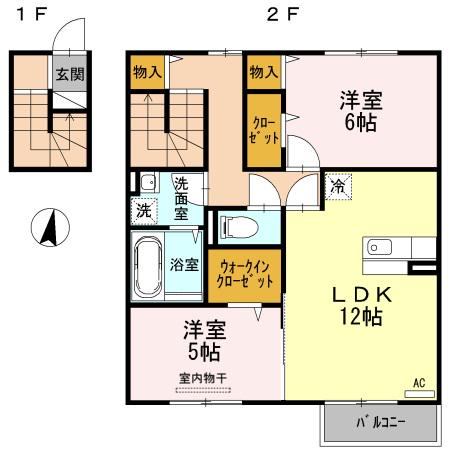 セジュール古国府 B棟(2LDK/2階)の間取り写真