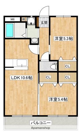 リヴィエールシャン都北町(2LDK/1階)の間取り写真