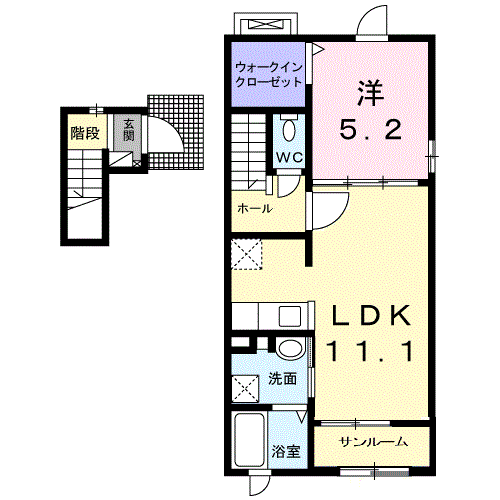 プリムローズ Ⅱ A(1LDK/2階)の間取り写真