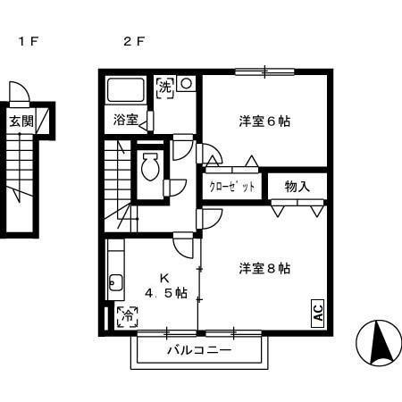 ヴィラ・モナリエールC棟(2K/2階)の間取り写真
