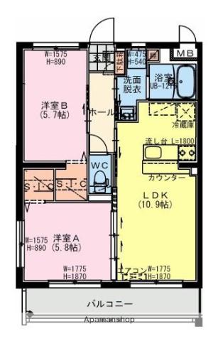 都城年見町Hマンション(2LDK/3階)の間取り写真