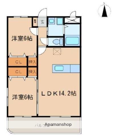 マリベール赤江(2LDK/1階)の間取り写真