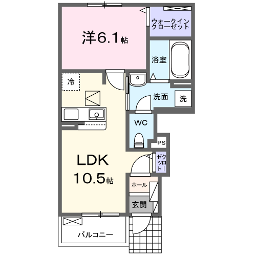 ゼファー川原崎 Ⅱ(1LDK/1階)の間取り写真