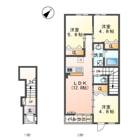 宮崎市源藤町 アパート(3LDK/2階)の間取り写真