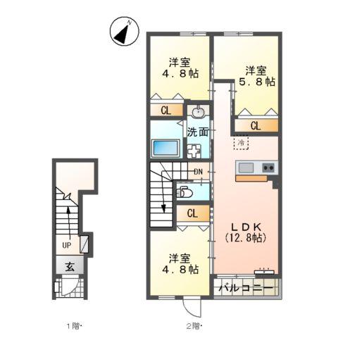 宮崎市源藤町 アパート(3LDK/2階)の間取り写真