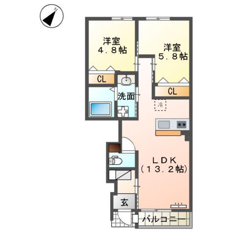 宮崎市源藤町 アパート(2LDK/1階)の間取り写真