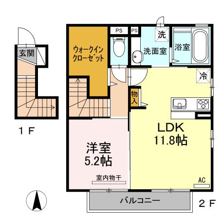 プロシードⅠ棟(1LDK/2階)の間取り写真