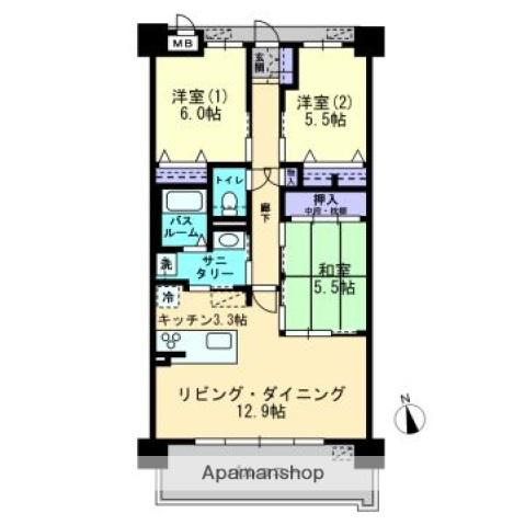 アルファステイツ花殿(3LDK/6階)の間取り写真