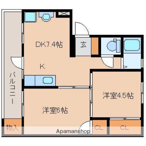 ムーンアフロヒル(2DK/3階)の間取り写真