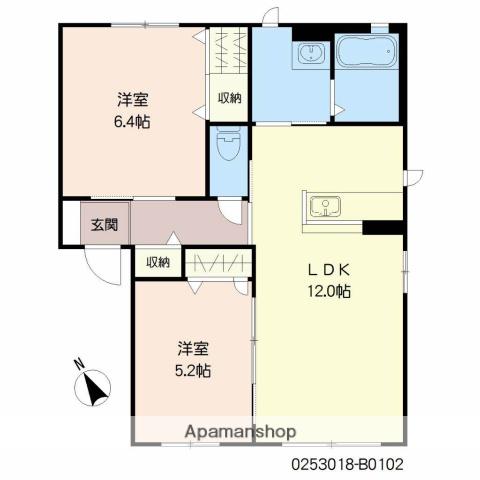 フローラ B棟(2LDK/1階)の間取り写真