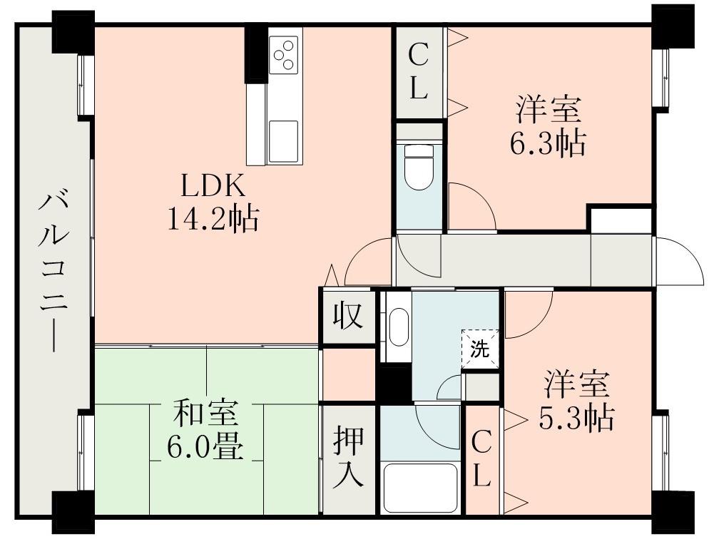 ロフティ郡元駅前(3LDK/13階)の間取り写真
