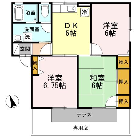 グランディールU A棟(3DK/1階)の間取り写真