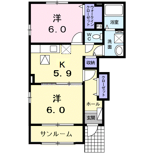 ルトゥール(2K/1階)の間取り写真