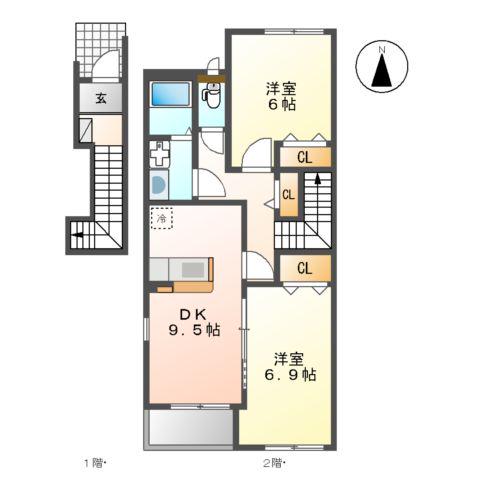 ラヴィエール(2DK/2階)の間取り写真