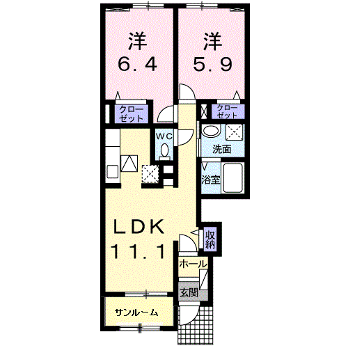 プラシード串木野Ⅱ(2LDK/1階)の間取り写真