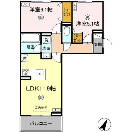 DーROOM大小路プレミアム Ⅰ(2LDK/1階)の間取り写真