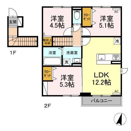 鹿児島本線 川内駅(鹿児島) 徒歩21分 2階建 築3年(3LDK/2階)の間取り写真