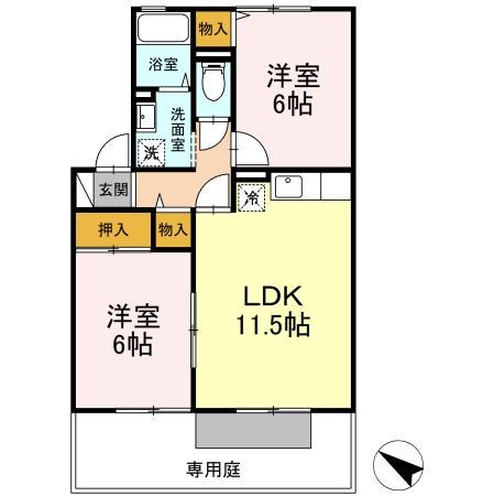 グランドールD棟(2LDK/1階)の間取り写真