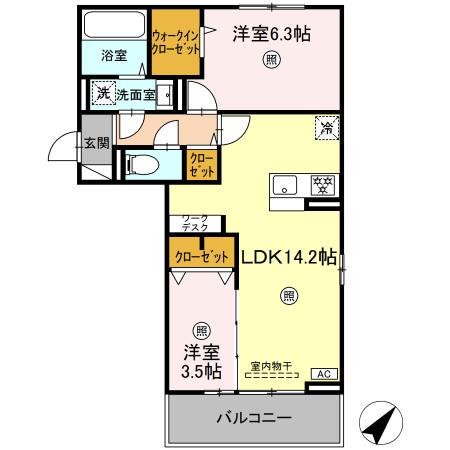 M&S中央町プレミアム B棟(2LDK/2階)の間取り写真