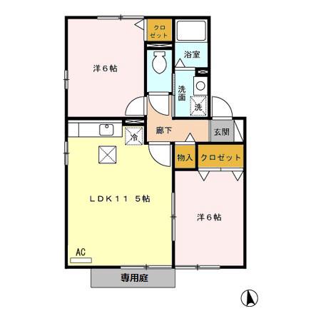 ソレーユB棟(2LDK/1階)の間取り写真