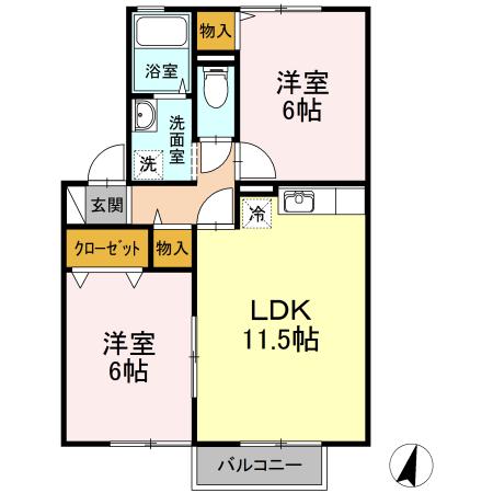 グランドールB棟(2LDK/2階)の間取り写真