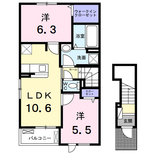 リュミエール ドゥース Ⅰ(2LDK/2階)の間取り写真