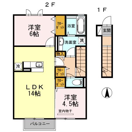 プレリエ天辰 A.B B棟(2LDK/2階)の間取り写真