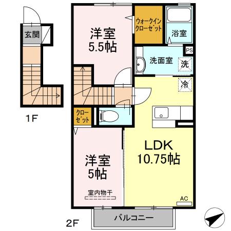 クリエイティブ B棟(2LDK/2階)の間取り写真