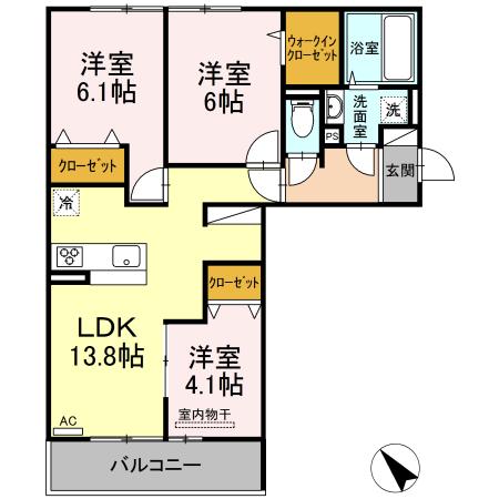 メゾンドール東谷山 A棟(3LDK/2階)の間取り写真