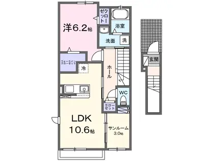 サンライズ光山 Ⅱ(1LDK/2階)の間取り写真