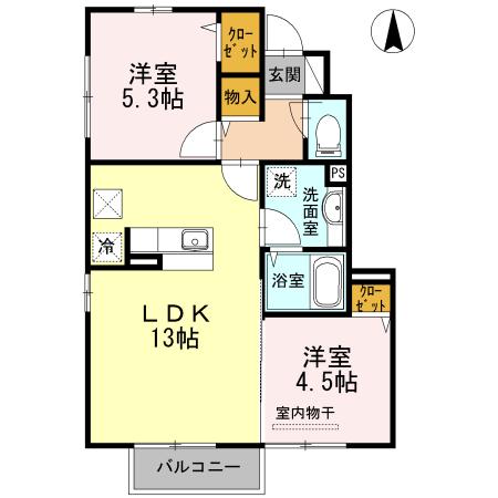 プレリエ天辰 A.B B棟(2LDK/1階)の間取り写真