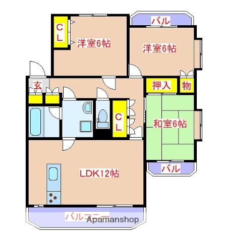 恒吉マンションD棟(3LDK/1階)の間取り写真