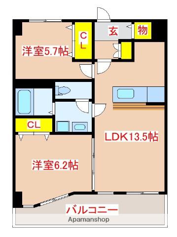 ベイシス隼人(2LDK/6階)の間取り写真