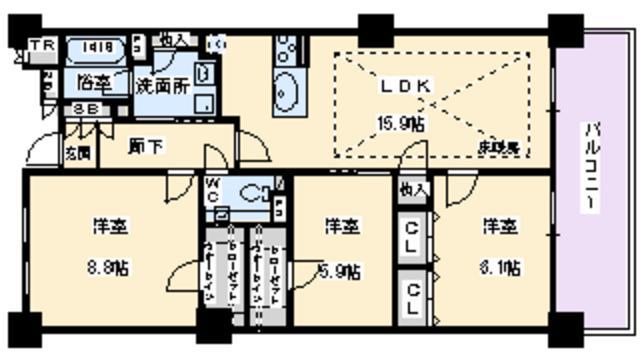 ロイヤルパークス桃坂(3LDK/9階)の間取り写真