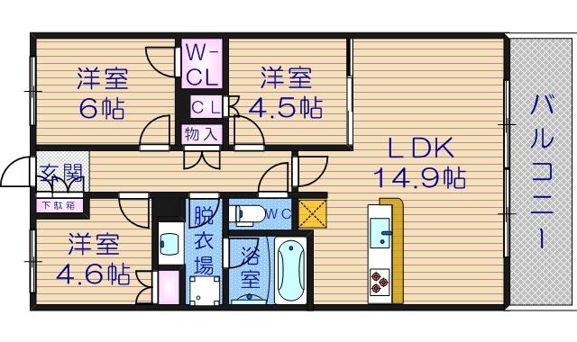 クレヴィア四天王寺前夕陽ケ丘(3LDK/4階)の間取り写真