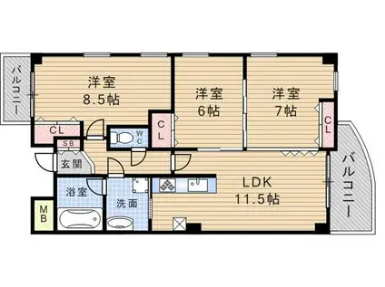 阪急神戸本線 武庫之荘駅 徒歩3分 7階建 築32年(3LDK/2階)の間取り写真