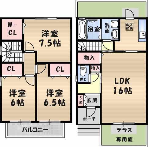朝山タウンハイツA棟(3LDK/1階)の間取り写真