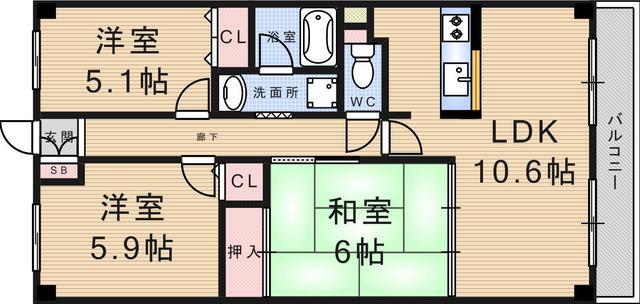 サンパティーク昆陽(3LDK/2階)の間取り写真