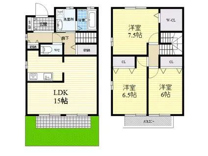 朝山タウンハウスB棟(3LDK/1階)の間取り写真