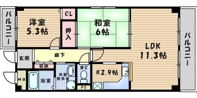 グランドゥール武庫之荘Ⅱ(2LDK/3階)の間取り写真