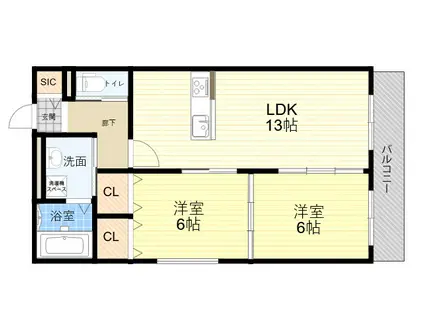 レジデンス ムコフルール(2LDK/1階)の間取り写真