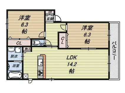 ディアス福泉 F棟(2LDK/1階)の間取り写真