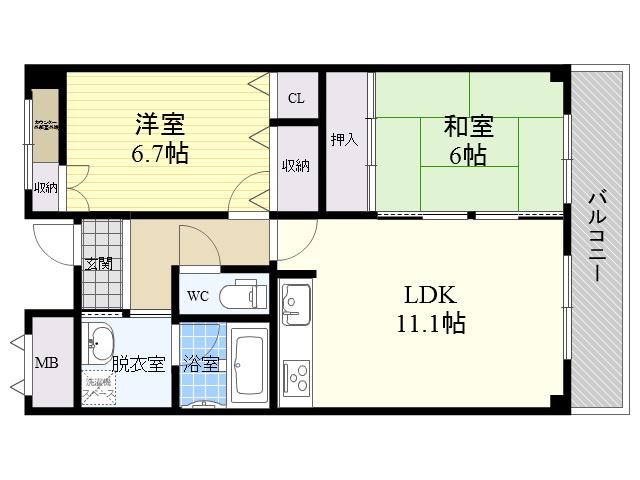 プリムヴェール瓜破(2LDK/5階)の間取り写真