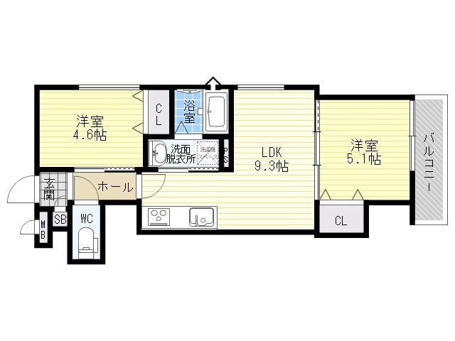 クリエオーレ東住吉Ⅰ(1SLDK/2階)の間取り写真