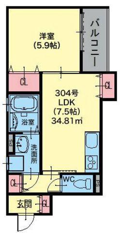 クリエオーレ照ヶ丘1(1LDK/3階)の間取り写真