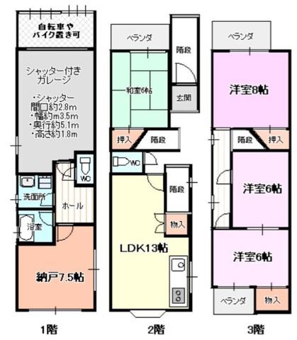 阪神本線 武庫川駅 徒歩8分 3階建 築35年(4SLDK)の間取り写真